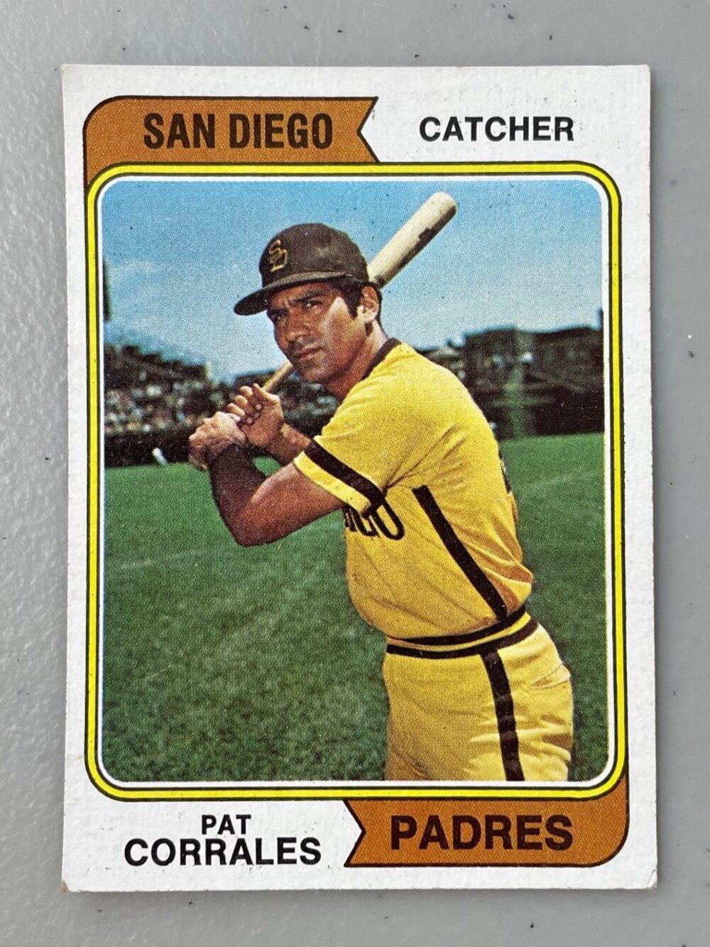 Pat Corrales Padres Catcher 1973 Topps Vintage Baseball Trading Card 373T Yellow